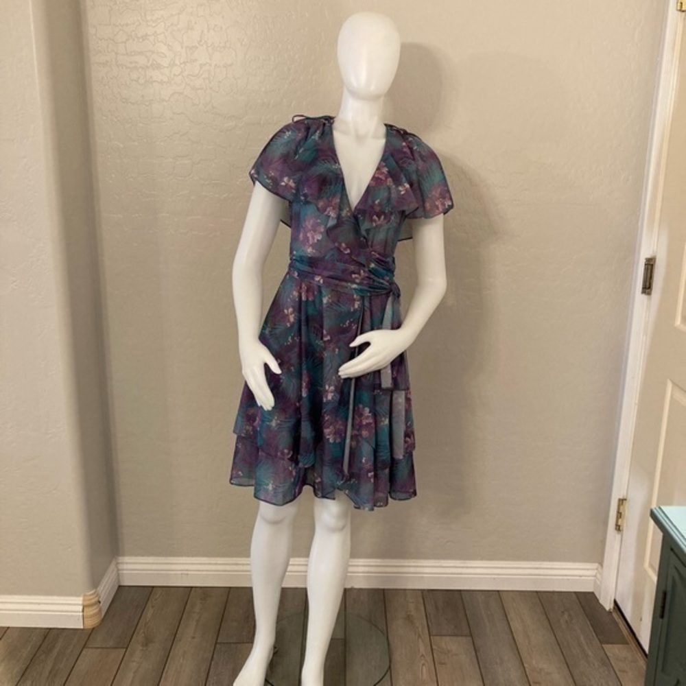 Vintage Union Made Patty O’Niel Purple Tropical Floral Print Wrap Dress